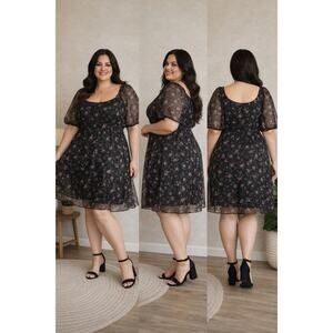 Floral Puff Sleeve Cottagecore Fit Flare Dress Modest Romantic Womens 3X NWT